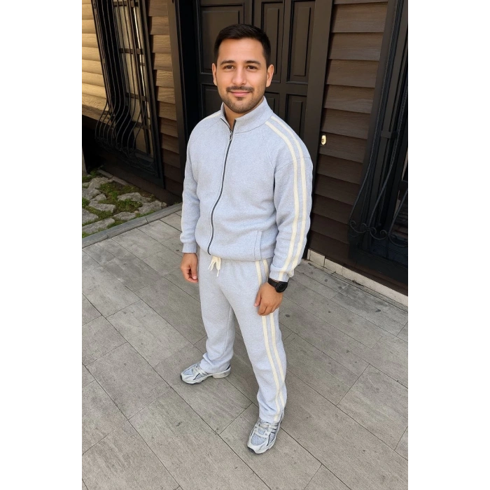 Erkek Çift Şeritli Eşofman Takım Dik Yaka Fermuarlı Sweatshirt Boru Paça Alt, Oversize 3 iplik Pamuklu - Gri