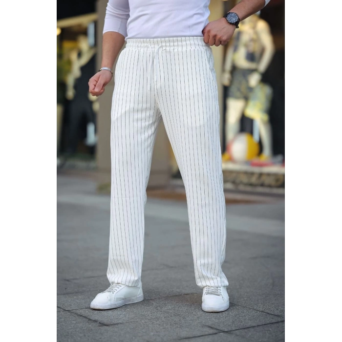 Erkek Cizgili Dokuma Krep Jogger Buggy Pantalon Rahat kalıp - Beyaz