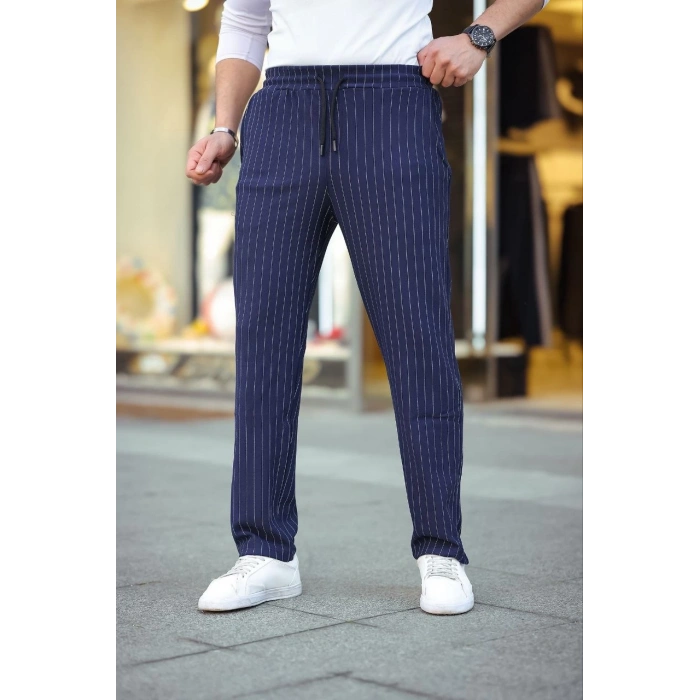 Erkek Cizgili Dokuma Krep Jogger Buggy Pantalon Rahat kalıp - Lacivert