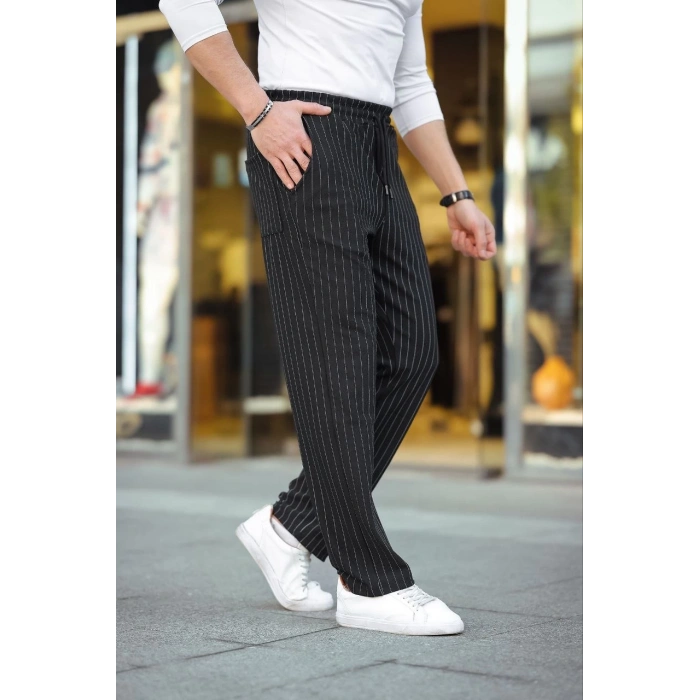 Erkek Cizgili Dokuma Krep Jogger Buggy Pantalon Rahat kalıp - Siyah