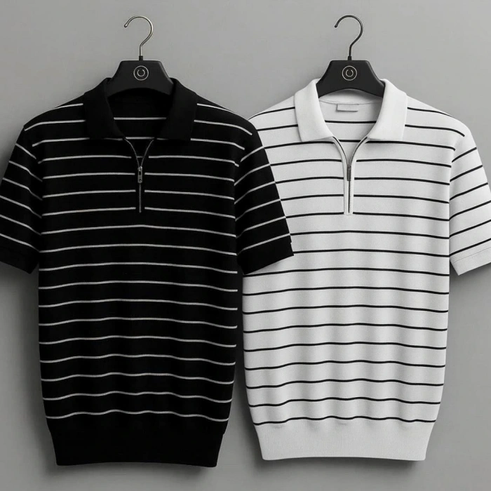 Erkek Çizgili Yarım Fermuarlı Polo Yaka Triko Tişört
