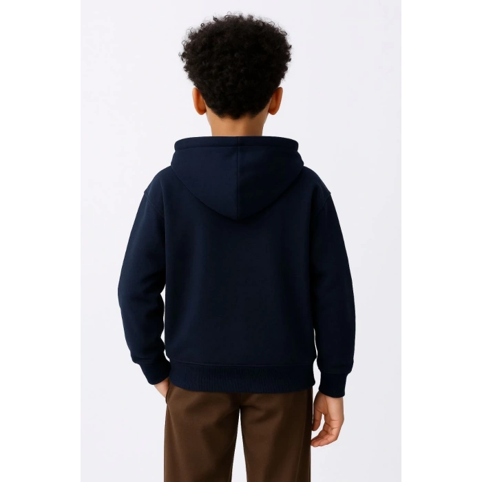 ERKEK ÇOCUK KAPÜŞONLU KANGURU ÇEPLİ TAM FERMUARLI HIRKA SWEATSHİRT - LACİVERT