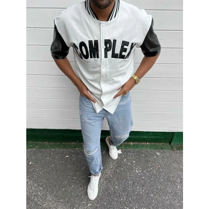 ERKEK COMPLEX KOLLARI DERİ KOLEJ OVERSİZE T-SHİRT - BEYAZ