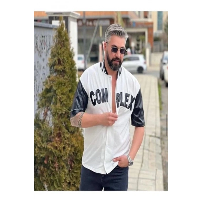 ERKEK COMPLEX KOLLARI DERİ KOLEJ OVERSİZE T-SHİRT - BEYAZ