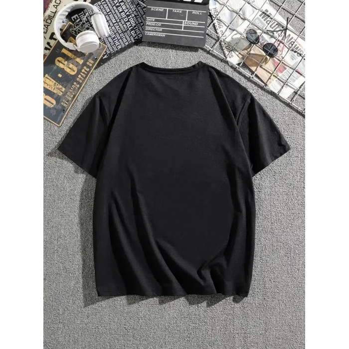 Erkek Dağ Grafikli Tişört, Yaz için Büyük Beden Rahat T-shirt - Siyah