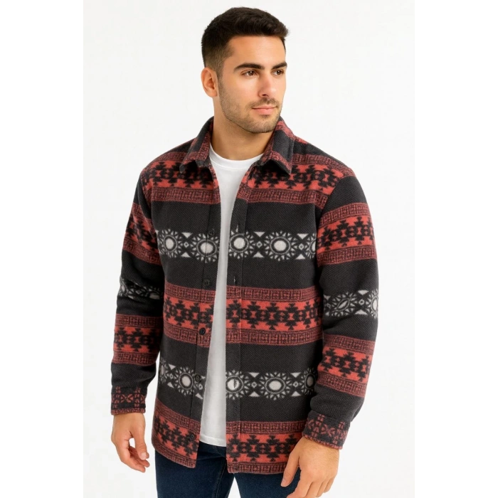 ERKEK DESENLİ POLAR GÖMLEK – ETNİK ŞERİT DESEN YAKALI, UZUN KOLLU, DÜĞMELİ, OVERSİZE RAHAT KALIP - FÜME