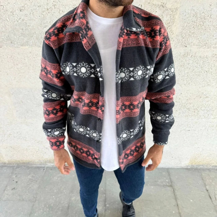 ERKEK DESENLİ POLAR GÖMLEK – ETNİK ŞERİT DESEN YAKALI, UZUN KOLLU, DÜĞMELİ, OVERSİZE RAHAT KALIP - FÜME