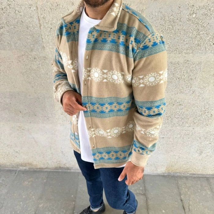 ERKEK DESENLİ POLAR GÖMLEK – ETNİK ŞERİT DESEN YAKALI, UZUN KOLLU, DÜĞMELİ, OVERSİZE RAHAT KALIP - SARI