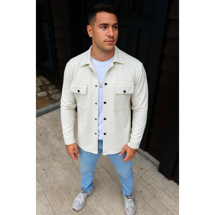 Erkek Diagonal Kumaş Cepli Çıtçıtlı uzun Kollu, Gömlek Oversize Rahat Kalıp Günlük Şık Stil - Beyaz