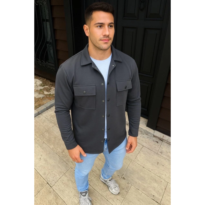 Erkek Diagonal Kumaş Cepli Çıtçıtlı uzun Kollu, Gömlek Oversize Rahat Kalıp Günlük Şık Stil - Füme