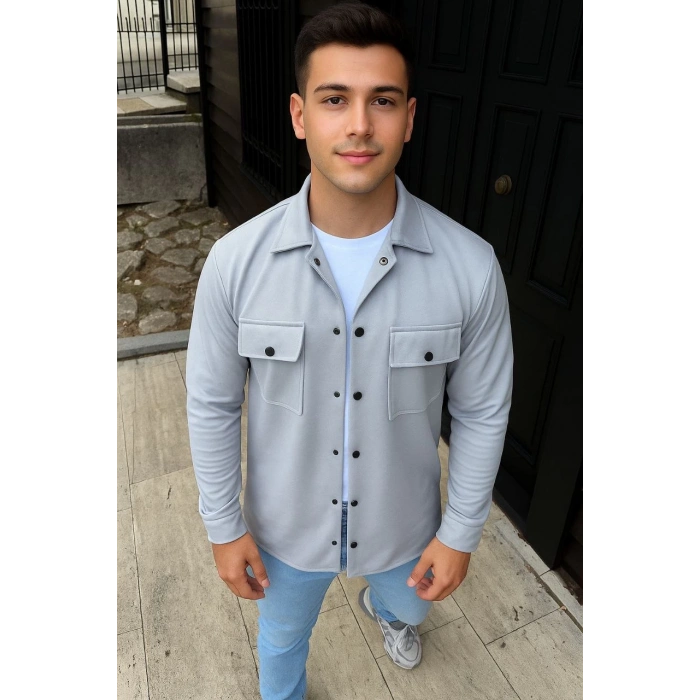 Erkek Diagonal Kumaş Cepli Çıtçıtlı uzun Kollu, Gömlek Oversize Rahat Kalıp Günlük Şık Stil - Gri