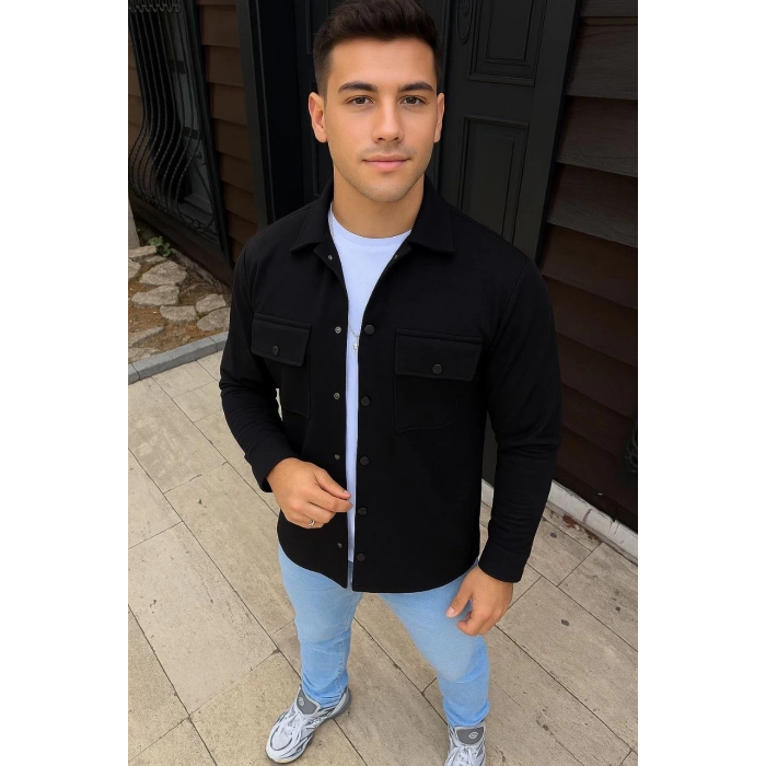 Erkek Diagonal Kumaş Cepli Çıtçıtlı uzun Kollu, Gömlek Oversize Rahat Kalıp Günlük Şık Stil - Siyah