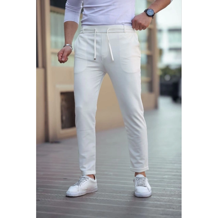 ERKEK DİAGONEL MİKRO DOKULU CEPLİ BELİ LASTİLKİ PANTOLON - BEJ