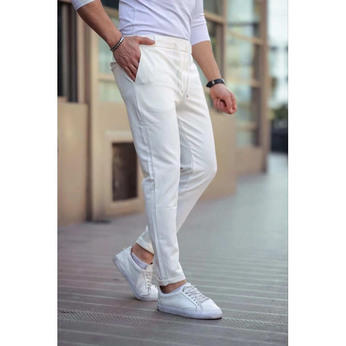 Erkek Diagonel Mikro dokulu Cepli Beli Lastilki Pantolon - Bej