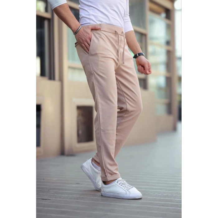 Erkek Diagonel Mikro dokulu Cepli Beli Lastilki Pantolon - Kahverengi