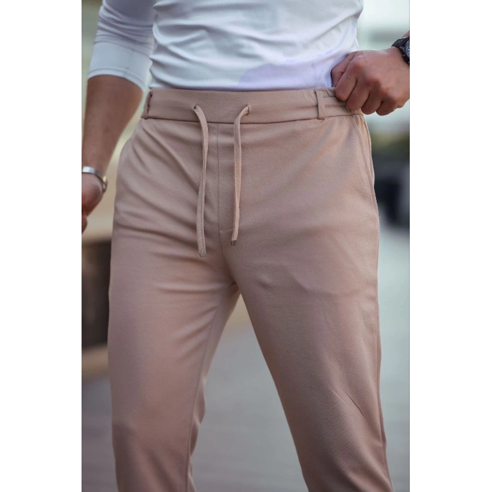 Erkek Diagonel Mikro dokulu Cepli Beli Lastilki Pantolon - Kahverengi