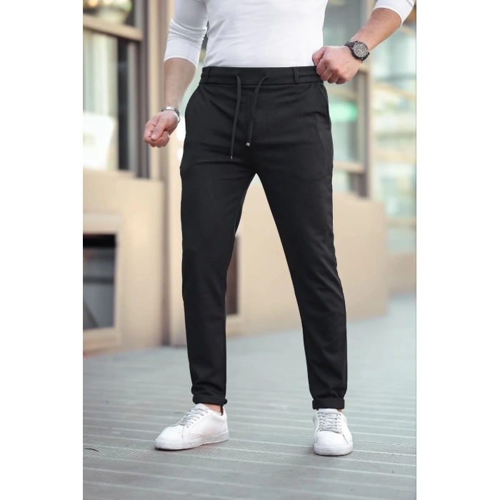 Erkek Diagonel Mikro dokulu Cepli Beli Lastilki Pantolon - Siyah