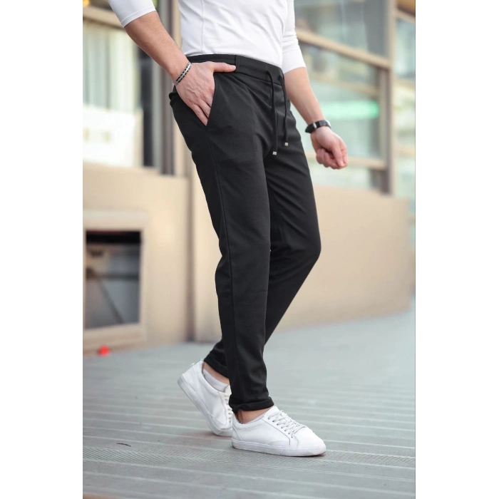 Erkek Diagonel Mikro dokulu Cepli Beli Lastilki Pantolon - Siyah