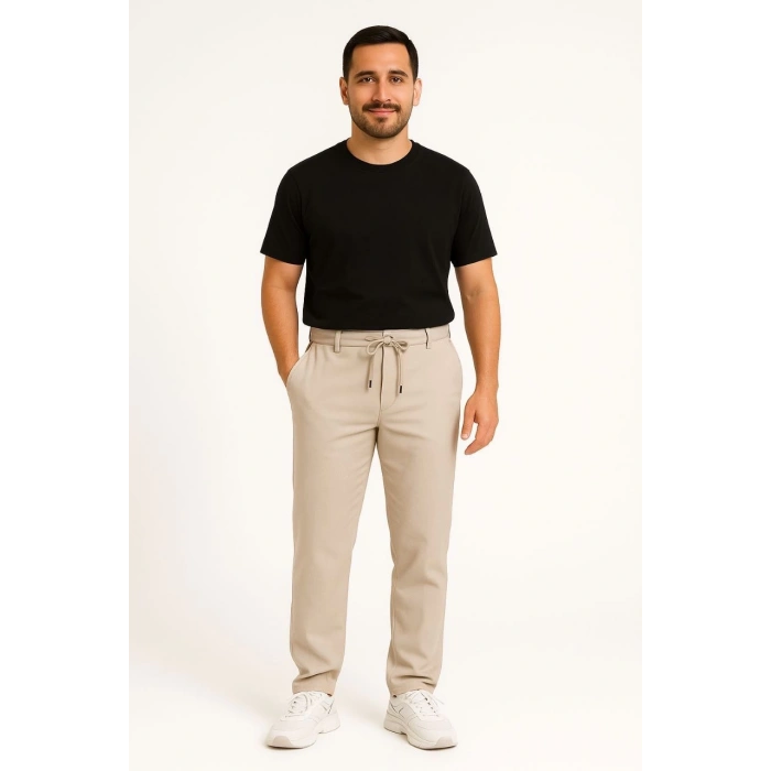Erkek Diagonel Mikro dokulu Cepli Pantolon - Bej