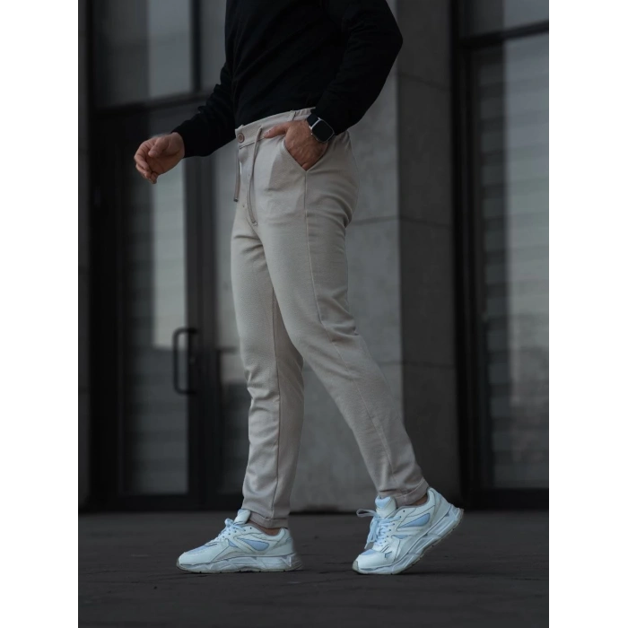 Erkek Diagonel Mikro dokulu Cepli Pantolon - Bej