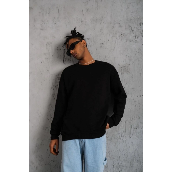 ERKEK DÜZ BİSİKLET YAKA SWEAT - SİYAH