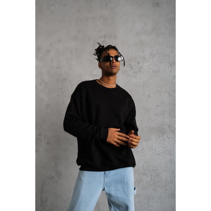 ERKEK DÜZ BİSİKLET YAKA SWEAT - SİYAH