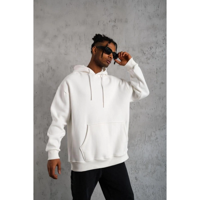 ERKEK DÜZ KAPÜŞONLU SWEAT - BEYAZ