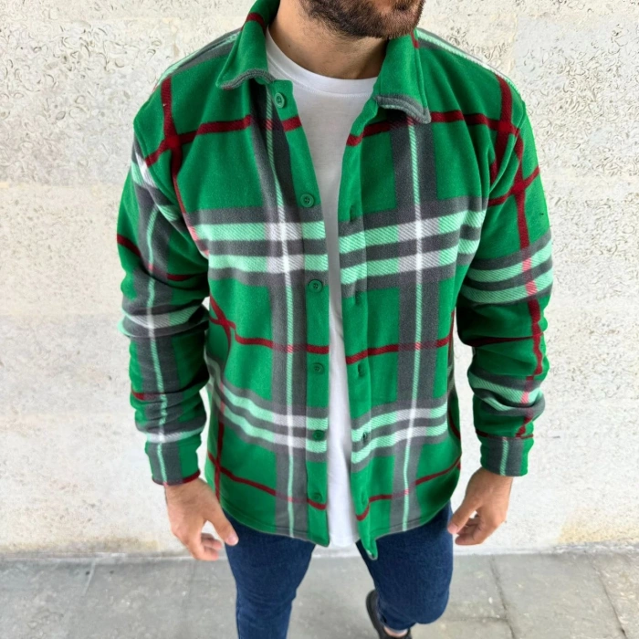 ERKEK EKOSE DESENLİ DÜĞMELİ POLAR YAKALI UZUN KOLLU GÖMLEK OVERSİZE RAHAT KALIP - YEŞİL