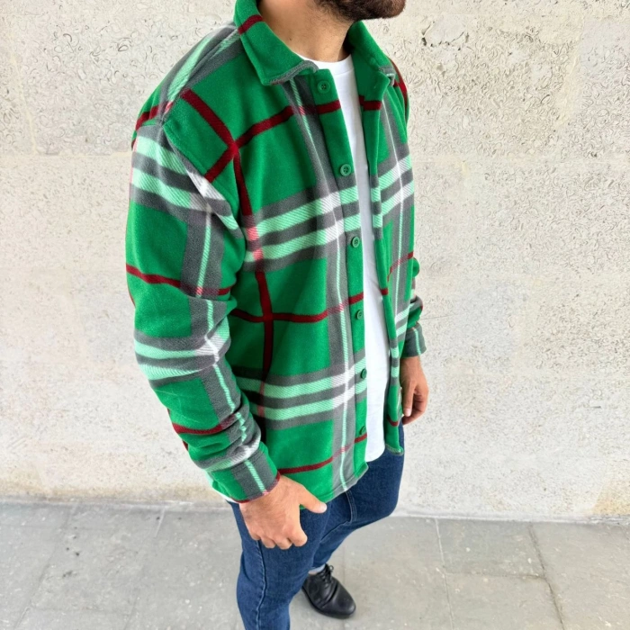 ERKEK EKOSE DESENLİ DÜĞMELİ POLAR YAKALI UZUN KOLLU GÖMLEK OVERSİZE RAHAT KALIP - YEŞİL