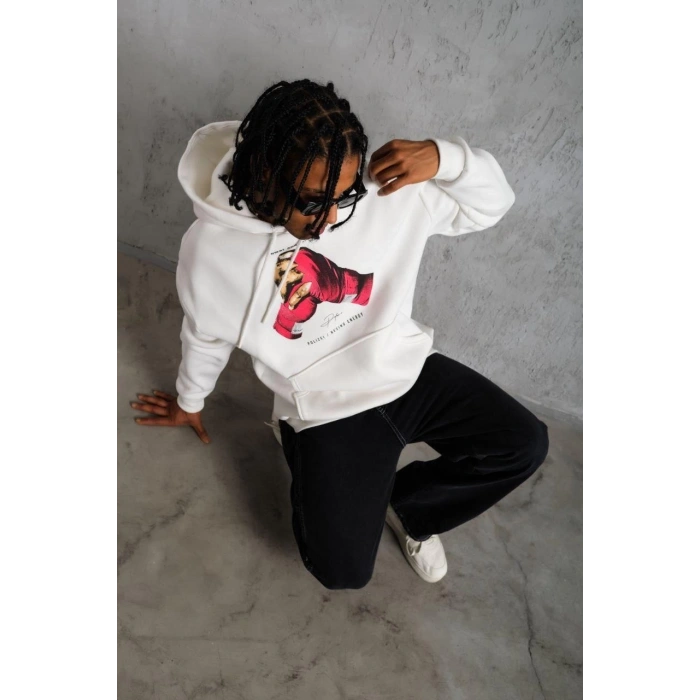 ERKEK ELDİVEN BASKILI KAPÜŞONLU SWEAT - BEYAZ