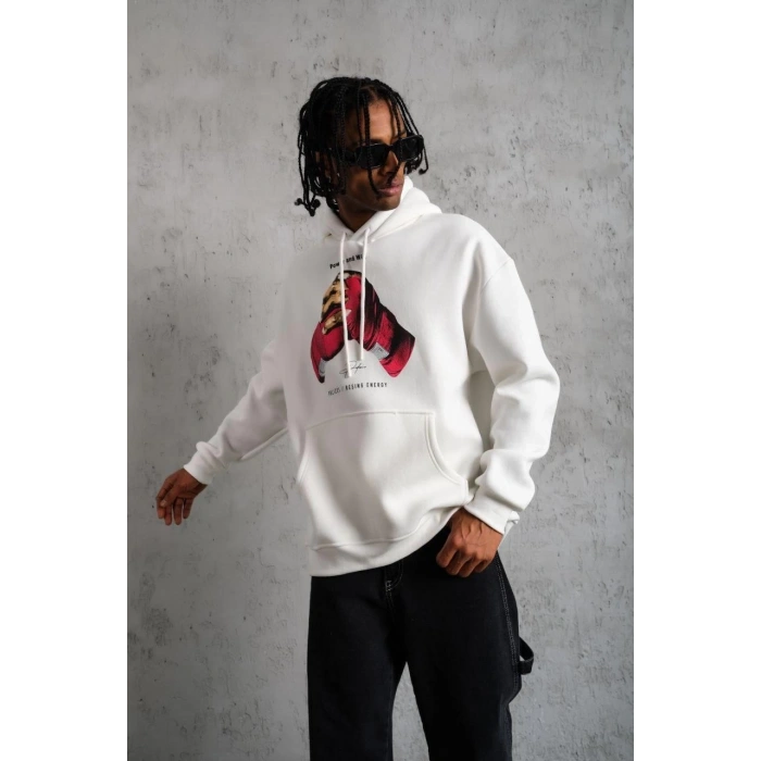 ERKEK ELDİVEN BASKILI KAPÜŞONLU SWEAT - BEYAZ
