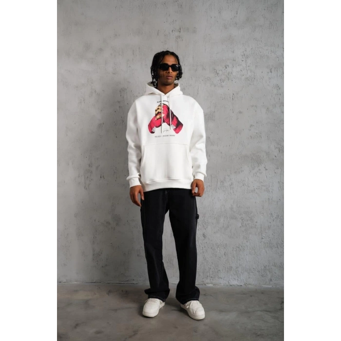 ERKEK ELDİVEN BASKILI KAPÜŞONLU SWEAT - BEYAZ