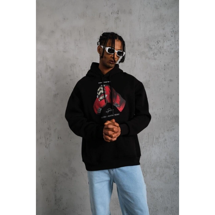 ERKEK ELDİVEN BASKILI KAPÜŞONLU SWEAT - SİYAH