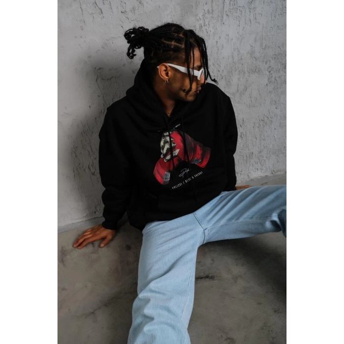 ERKEK ELDİVEN BASKILI KAPÜŞONLU SWEAT - SİYAH