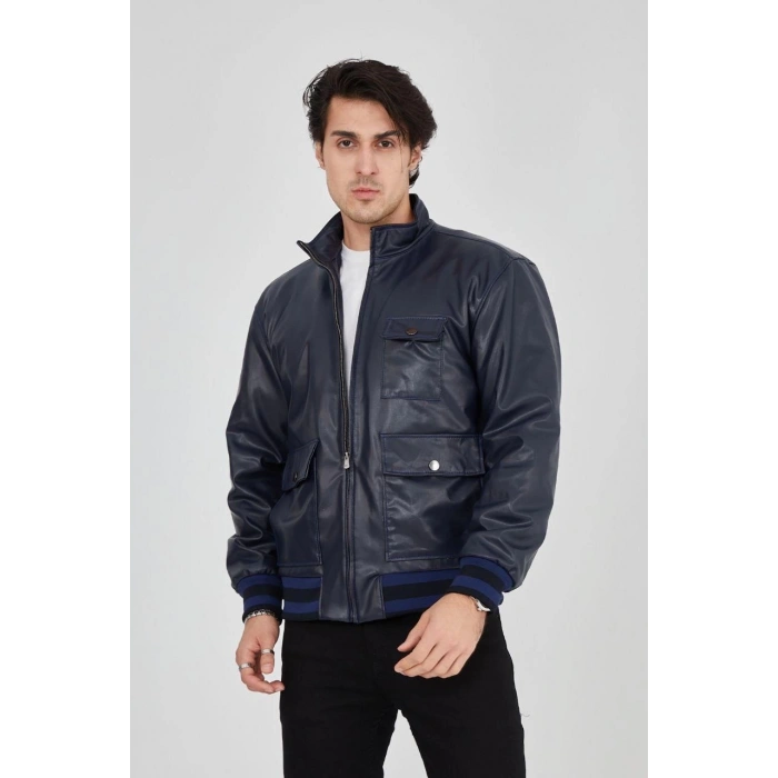 ERKEK FERMUARLI İÇTEN ELYAF VE ASTARLI SUNİ DERİ CEKET - LACİVERT