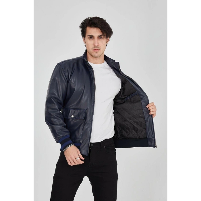 ERKEK FERMUARLI İÇTEN ELYAF VE ASTARLI SUNİ DERİ CEKET - LACİVERT