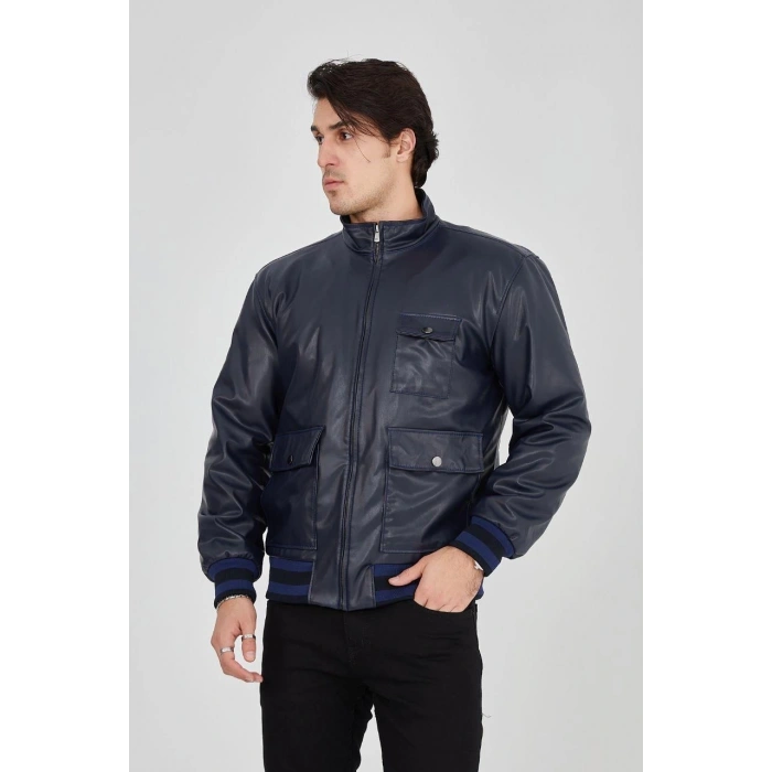 ERKEK FERMUARLI İÇTEN ELYAF VE ASTARLI SUNİ DERİ CEKET - LACİVERT