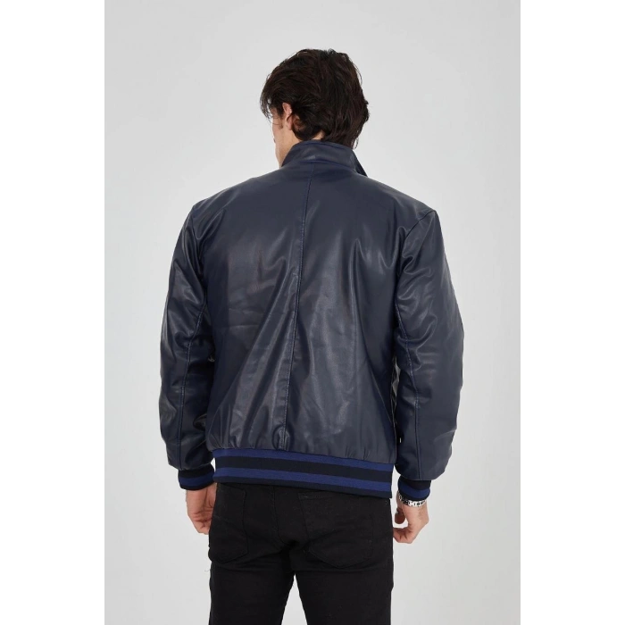 ERKEK FERMUARLI İÇTEN ELYAF VE ASTARLI SUNİ DERİ CEKET - LACİVERT