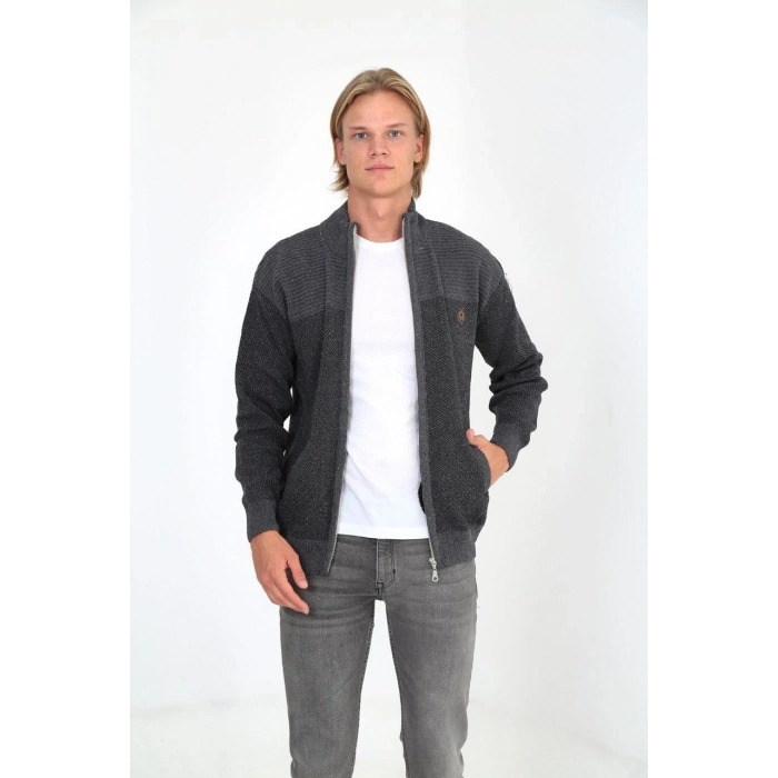 ERKEK FERMUARLI TRİKO HIRKA YÜKSEK YAKA, CEPLİ, GÜNLÜK ŞIK RAHAT KALIP TRİKO - GRİ