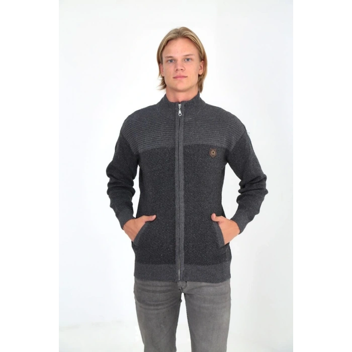 ERKEK FERMUARLI TRİKO HIRKA YÜKSEK YAKA, CEPLİ, GÜNLÜK ŞIK RAHAT KALIP TRİKO - GRİ