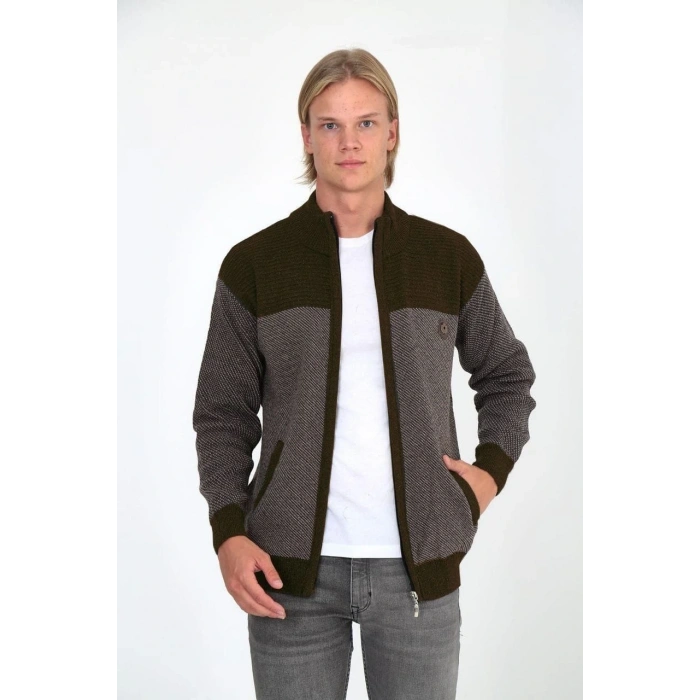 ERKEK FERMUARLI TRİKO HIRKA YÜKSEK YAKA, CEPLİ, GÜNLÜK ŞIK RAHAT KALIP TRİKO - KAHVERENGİ