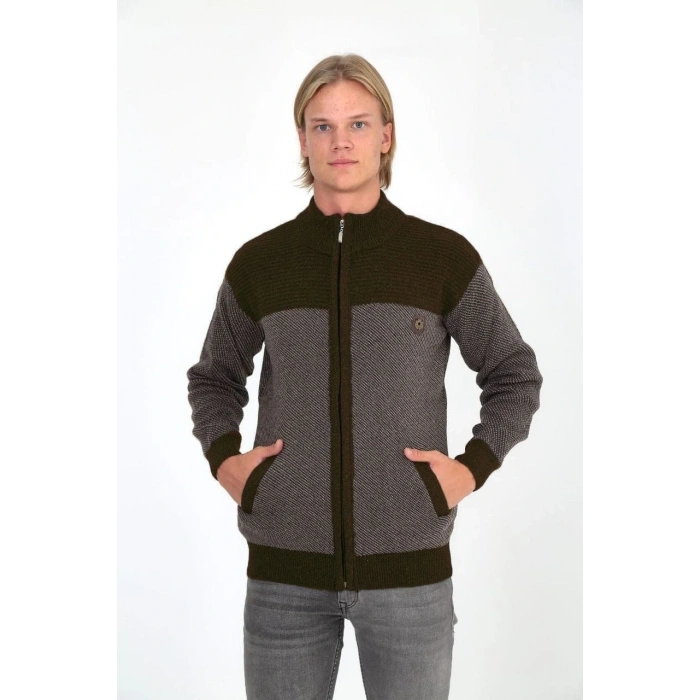 ERKEK FERMUARLI TRİKO HIRKA YÜKSEK YAKA, CEPLİ, GÜNLÜK ŞIK RAHAT KALIP TRİKO - KAHVERENGİ