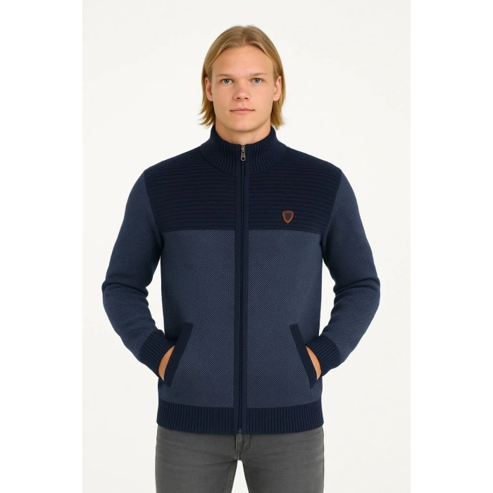 ERKEK FERMUARLI TRİKO HIRKA YÜKSEK YAKA, CEPLİ, GÜNLÜK ŞIK RAHAT KALIP TRİKO - LACİVERT