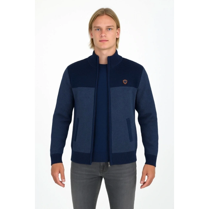 ERKEK FERMUARLI TRİKO HIRKA YÜKSEK YAKA, CEPLİ, GÜNLÜK ŞIK RAHAT KALIP TRİKO - LACİVERT