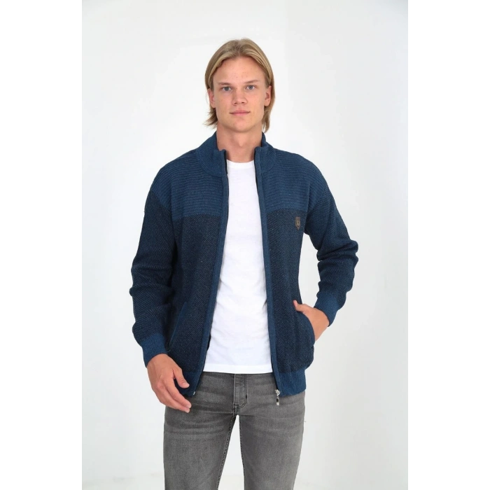 ERKEK FERMUARLI TRİKO HIRKA YÜKSEK YAKA, CEPLİ, GÜNLÜK ŞIK RAHAT KALIP TRİKO - MAVİ