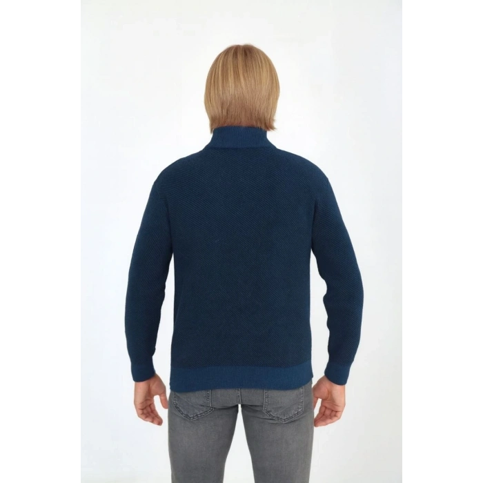 ERKEK FERMUARLI TRİKO HIRKA YÜKSEK YAKA, CEPLİ, GÜNLÜK ŞIK RAHAT KALIP TRİKO - MAVİ