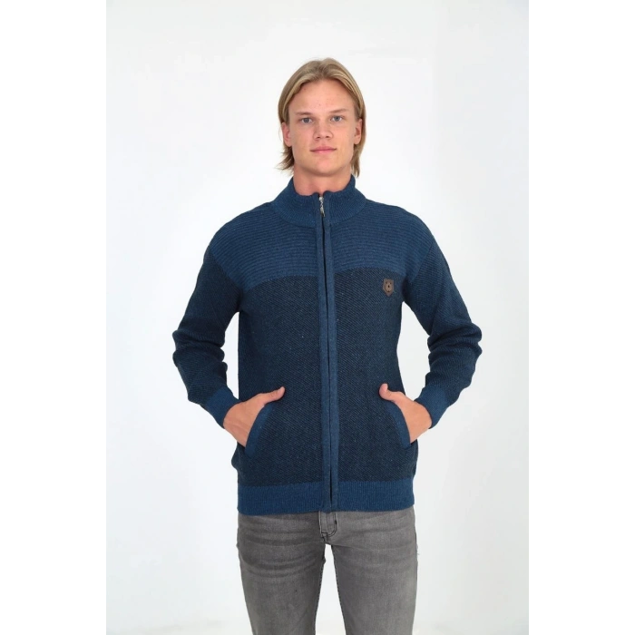 ERKEK FERMUARLI TRİKO HIRKA YÜKSEK YAKA, CEPLİ, GÜNLÜK ŞIK RAHAT KALIP TRİKO - MAVİ