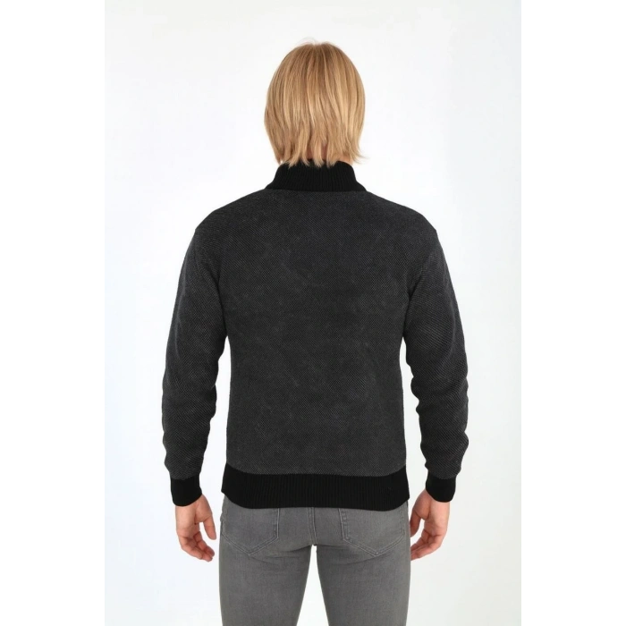 ERKEK FERMUARLI TRİKO HIRKA YÜKSEK YAKA, CEPLİ, GÜNLÜK ŞIK RAHAT KALIP TRİKO - SİYAH