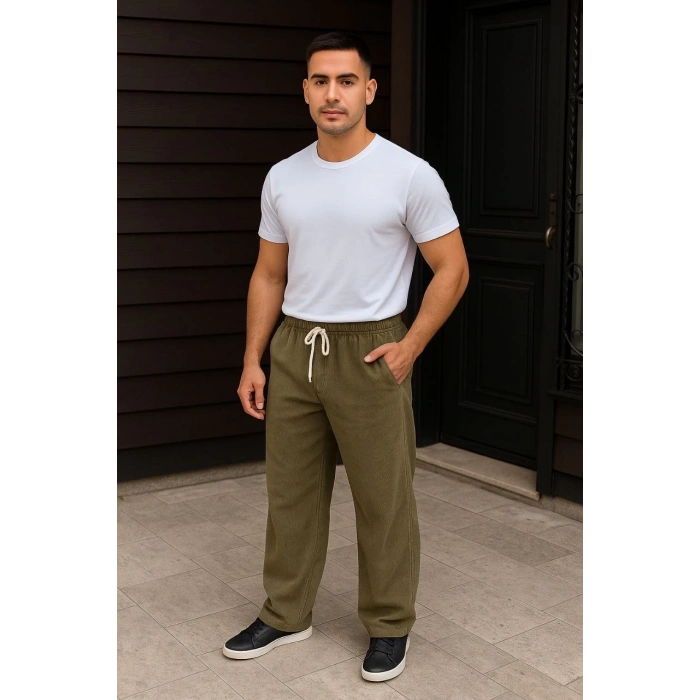 Erkek Fitilli Kadife Cepli Buggy Pantolon Oversize Rahat Kalıp - Haki