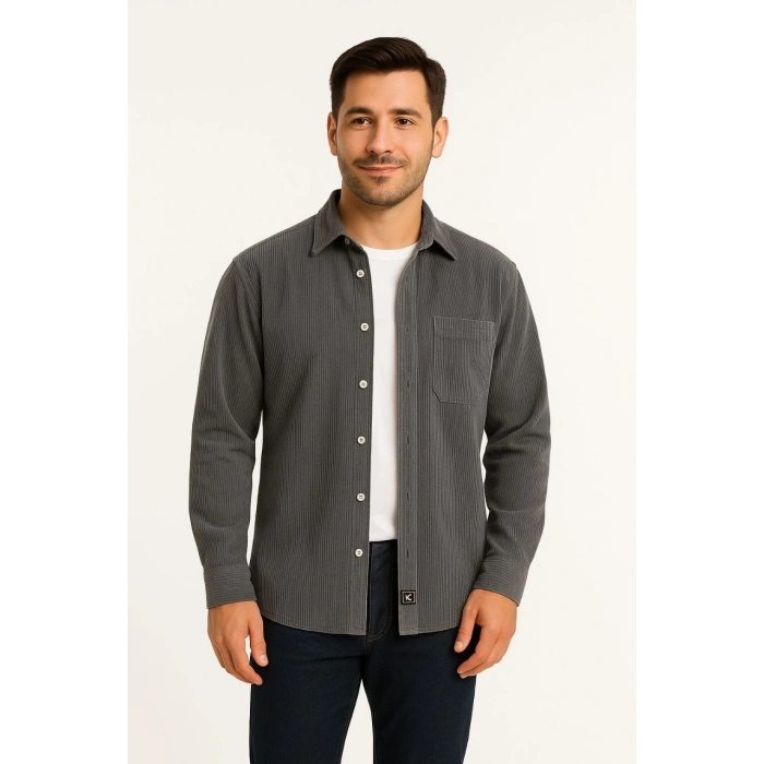 Erkek Fitilli Kadife Cepli Gömlek Oversize Rahat Kalıp - Füme